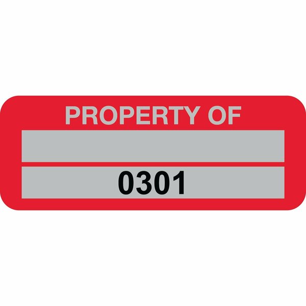 Lustre-Cal Property ID Label PROPERTY OF5 Alum Red 2in x 0.75in 1 Blank Pad&Serialized 0301-0400, 100PK 253740Ma2Rd0301